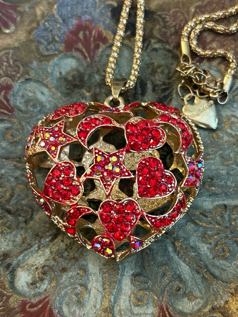 Betsey Johnson Gold-Tone Puffed Heart Pendant Necklace Red Crystal Stars Moon